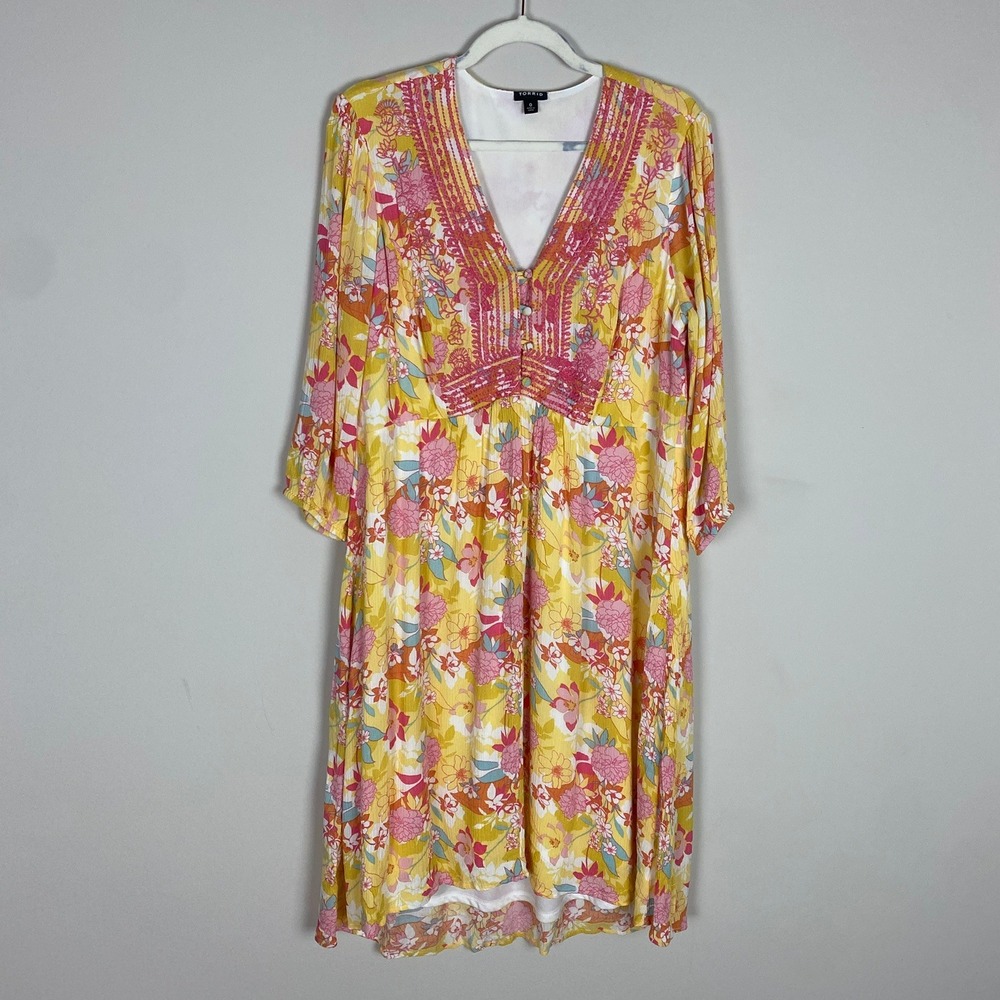 Torrid Peach Floral Gauze Hi-Lo Dress Embroidered V-Neck Midi Boho Womens Medium
